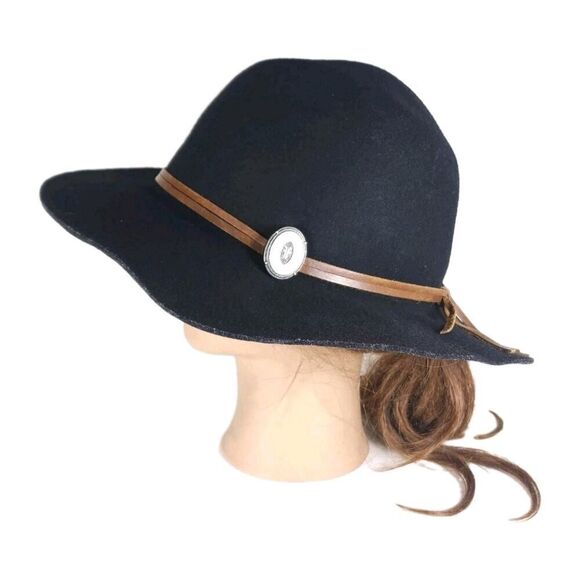 Frye Women's Size Medium /Large Black Wool Felt Brown belt Fedora Hat - Picture 1 of 13